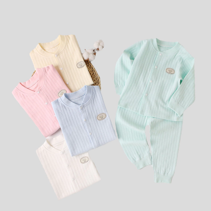 Autumn Newborn Baby Cotton Pure Color Long-Sleeved Button Pajama Set