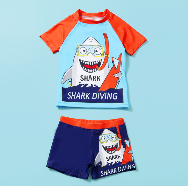 Baby Boy Animal Print Cartoon Shark Patchwork Two Piece Short Sleeve swimsuit