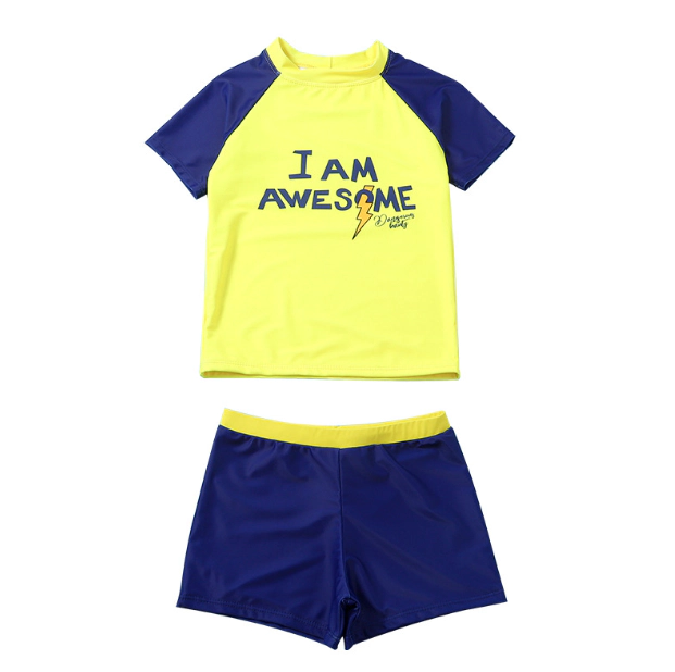 Lightning Blue and Yellow Stitching Two-piece Short Sleeve Bathing Suit